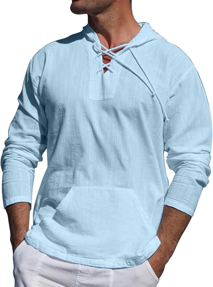SEGANUP Mens Casual Cotton Linen Pullover Hoodie Baggy Long Sleeve